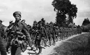 Scottish Rifles on the march, Laventie, France, WW1