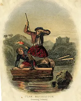 Macgregor Prints: Scottish Types - Leistering Salmon, Clan MacGregor