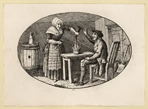 David Deuchar Prints: Scottish woman pouring a bottle of ale into a bucket for a man