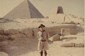Scout leader in front of pyramid, Egypt