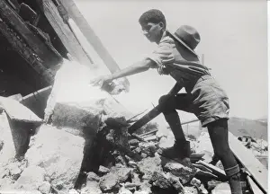 Earthquakes Prints: Scout in ruins of Argostolion, Kefalonia, Greece