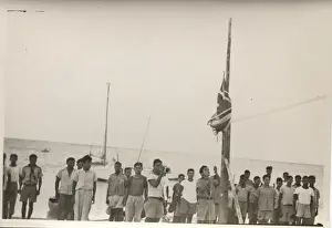 Belize Prints: Scouts taking down colours, Bacalar, British Honduras