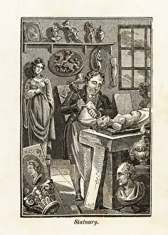 Labor Prints: Sculptor in apron carving a statue in a workshop