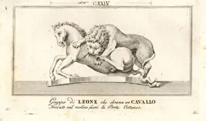 Porta Prints: Sculpture of a lion attacking a horse
