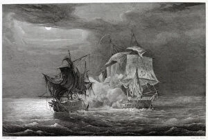 SEA FIGHT BY MOONLIGHT The French warship Venus and the British ship '