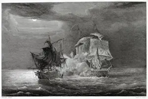 Advantage Prints: SEA FIGHT BY MOONLIGHT The French warship Venus and the British ship