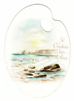 Images Dated 16th November 2015: Seaside scene on a palette-shaped Christmas card