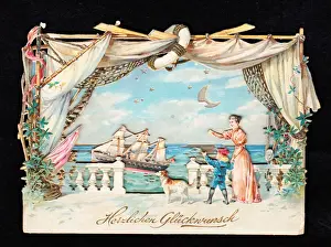Congratulations Prints: Seaside scene with ship on a German greetings card