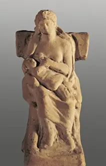 Taranto Prints: Seated Woman wirh Child. Clay figure. Greek art