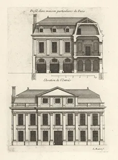 Blueprint Prints: Section of a grand house in Paris; elevation of the entrance