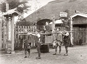 Sedan chair and bearers, Hafuya Hotel, Japan, c. 1880 s