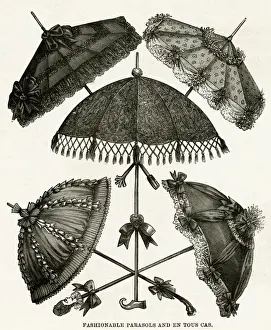 Flounces Prints: Selection of black Surah parasols 1886