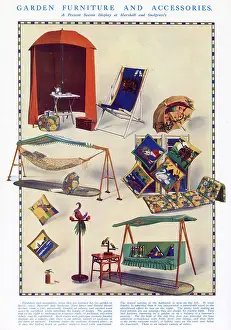 Deckchairs Prints: A selection of brightly coloured garden furniture and accessories from Marshall and Snelgrove including a tent
