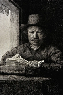 Rijn Collection: Self-portrait etching at a window, 1648, by Rembrandt (1606