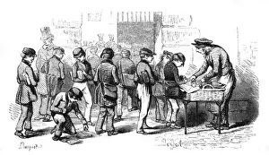 Schoolboys Prints: Selling pastries from a street stall in France, 1850