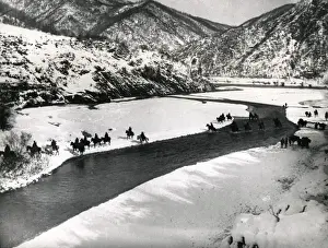 Serbian cavalry crossing a river in the snow, WW1