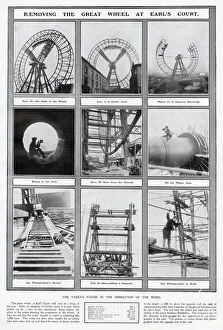A series of photographs showing the demolition of the Great Wheel at Earls Court