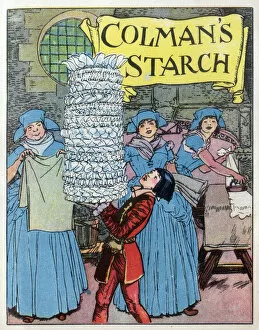 Neat Collection: Serving boy carries pile of folded napkins - Colmans Starch