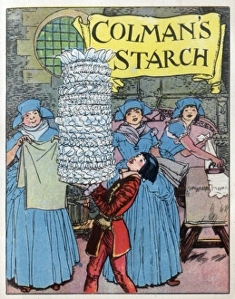 Neat Collection: Serving boy carries pile of folded napkins - Colmans Starch