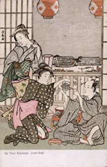 Images Dated 31st May 2018: Serving tea on the banks of the Sumida River by Kiyonaga