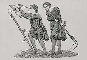 Labourers Prints: Settlers working the land, 12th century. Engraving