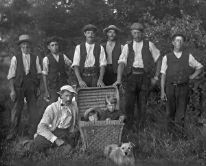Shirtsleeves Prints: Seven men, two children in a basket, and a dog