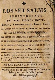 Menorca Prints: The seven Penitential Psalsms of David prophet. 1795. Ciutad