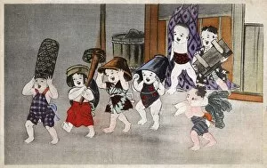 Pretending Gallery: Seven young Japanese toddlers fooling around
