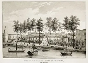 Seville. View of Cristinas promenade. Engraving