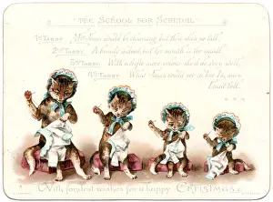 Four sewing cats on a Christmas card