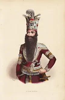 19thcentury Prints: Shah of Persia with long beard and elaborately
