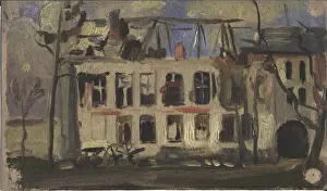 Denys Prints: Shell-damaged building in northern France, WW1