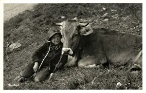 Meadow Prints: Shepherd Boy and favourite cow - Idyllic Swiss Alpine Scene