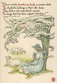 Apprehensive Gallery: A shepherd rests beneath the shade of a hawthorn bush, wondering whether to play his