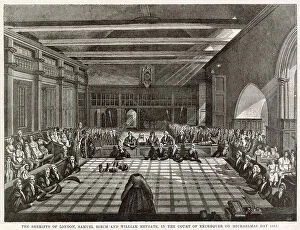 Birch Collection: Sheriffs of London, Samuel Birch and William Heygate, in the Court of the Exchequer on Michaelmas