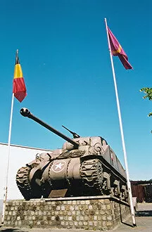 Images Dated 20th August 2019: Sherman tank Memorial, Leopoldsburg Railway Station