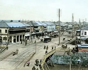 Tokyo Prints: Shinbashi Bridge and trams, Tokyo, Japan