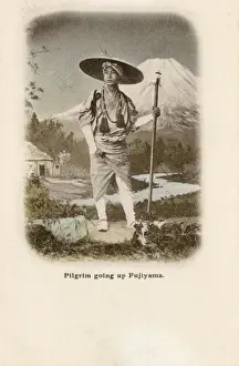 Fujiyama Prints: Shinto priest climbing Mount Fujiyama