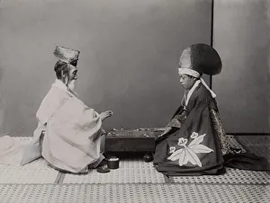Covering Prints: Shinto priests (actors) playing board game Go Japan