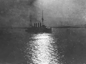 Reflecting Prints: Ship with four funnels at sea by night, WW1