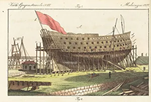 Carl Bertuch Prints: Ship of the line under construction in a shipyard, 1800s