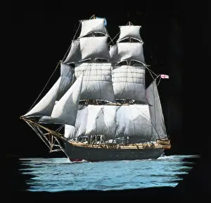 Ship in full sail in Arctic night (probably Nansens Fram )