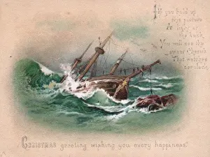 Masts Prints: Ship on a stormy sea on a Christmas card