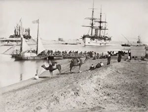 Camels Prints: Ship in the Suez Canal, Egypt, ferry pier and boat
