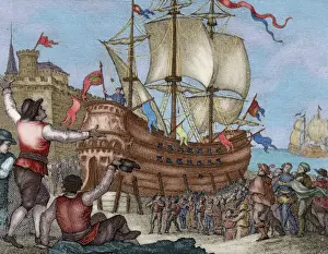 Tribute Prints: The ship Victoria in Seville. Engraving, 1807. Colored