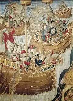 Zaragoza Prints: Ships (15th c. ). Gothic art. Tapestry. SPAIN