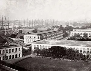 Ships and buildings along Hooghly River, Calcutta, India