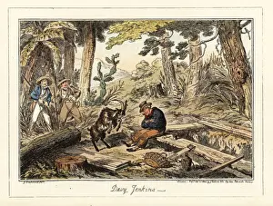 Shipbuilding Prints: A ship's carpenter's mate near a saw pit in a Brazil jungle