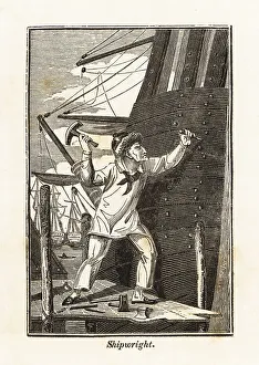 Stern Prints: Shipwright driving wedges into the stern of a ship