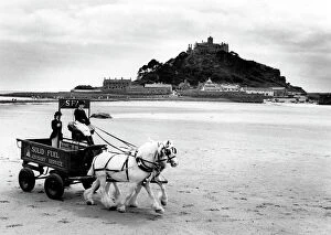 Harness Gallery: Shire horses and cart on Marazion beach, Cornwall